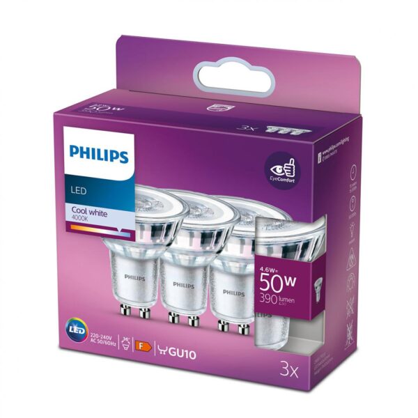 3 Becuri LED Philips Classic Spot, GU10, 4.6W (50W), 390