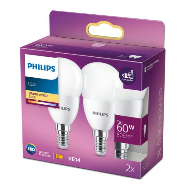 2 Becuri LED Philips P48, EyeComfort, E14, 7W (60W), 806