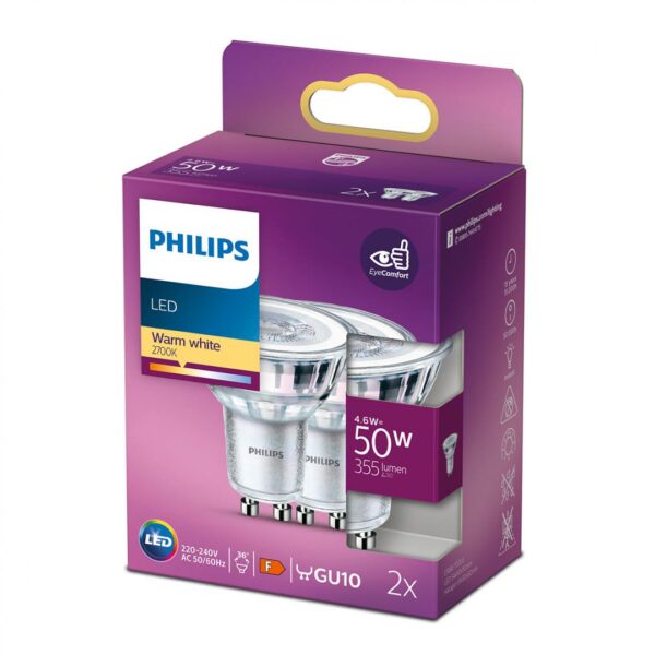 2 Becuri LED Philips Classic Spot, GU10, 4.6W (50W), 355