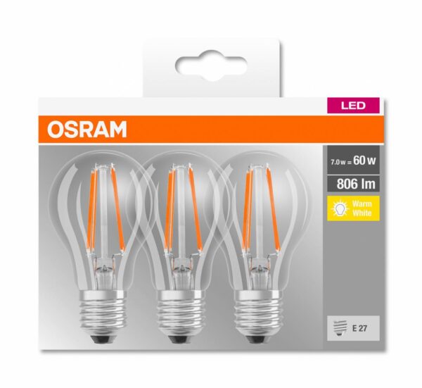 3 Becuri LED Osram Base Classic A, E27, 7W (60W), - Image 3