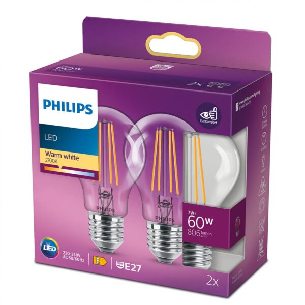 2 Becuri LED Philips Classic A60, EyeComfort, E27, 7W (60W),