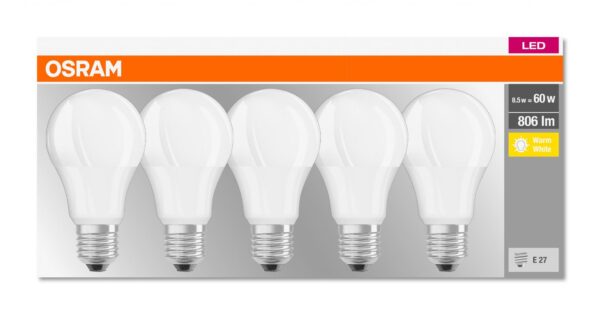 5 Becuri LED Osram Base Classic A, E27, 8.5W (60W),