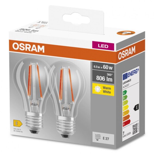 2 Becuri LED Osram Base Classic A, E27, 6.5W (60W),