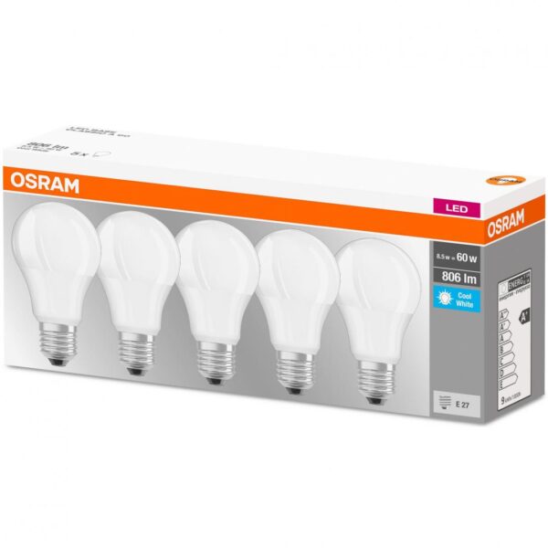 5 Becuri LED Osram Base Classic A, E27, 8.5W (60W),