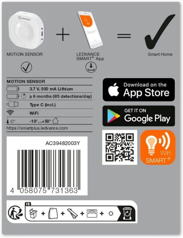 Senzor de miscare Ledvance SMART+ WiFi, 72x31x24mm, Alb, baterie reincarcabila