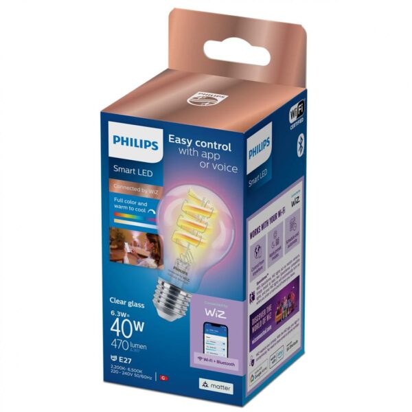 Bec LED RGB inteligent Philips Filament Bulb A60, Wi-Fi, E27,
