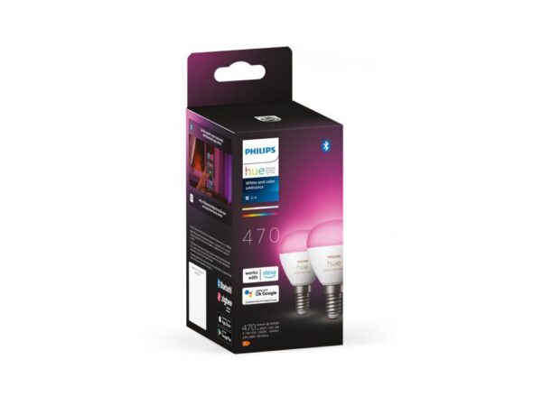 2 Becuri LED RGB inteligente Philips Hue P45, Bluetooth, E14,