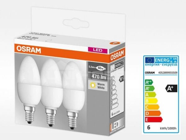 3 Becuri LED Osram Base Classic B, E14, 4.9W (40W),