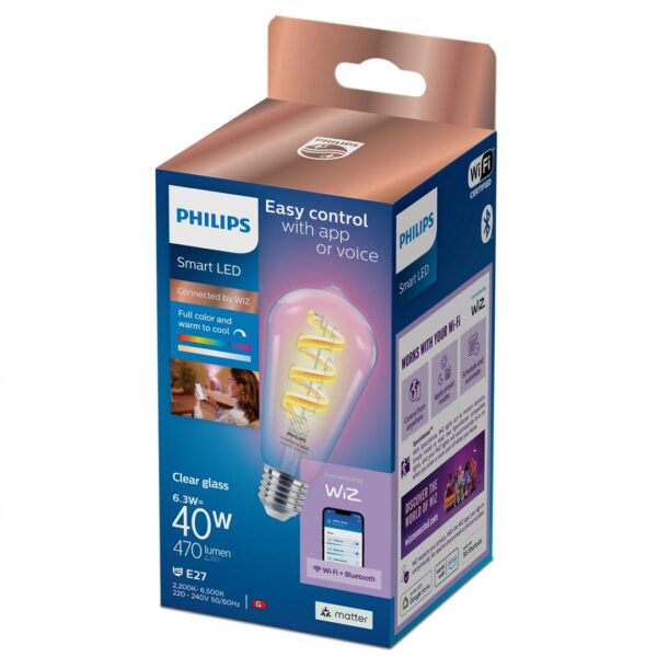 Bec LED RGB inteligent Philips Filament Bulb Clear ST64, Wi-Fi,