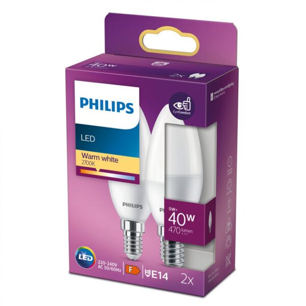 2 Becuri LED Philips B35, EyeComfort, E14, 5W (40W), 407