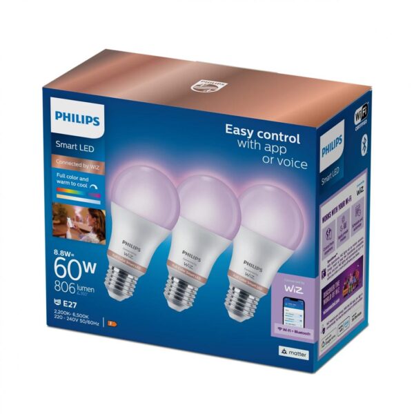 3 Becuri LED RGB inteligente Philips Bulb A60, Wi-Fi, E27, - Image 3
