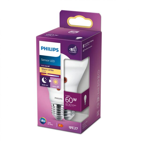 Bec LED cu senzor de lumina Philips A60, EyeComfort, E27,