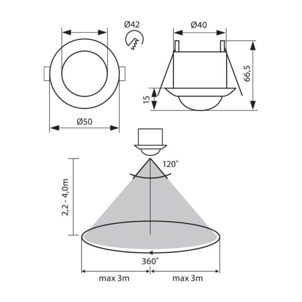 Senzor de miscare incastrat IR Vivalux KYLO, 230V, IP20, Ø50x66.5mm,