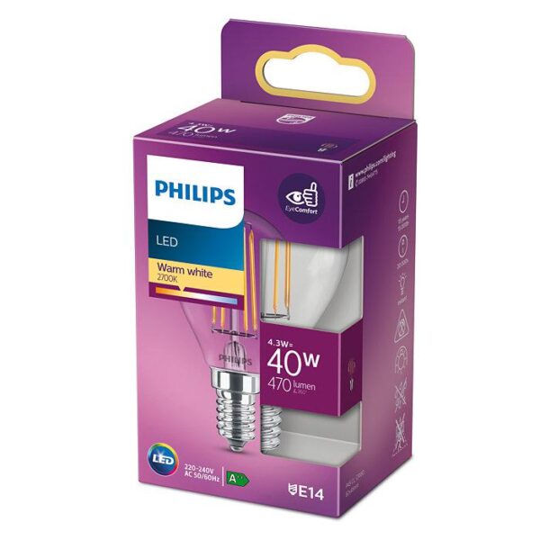 Bec LED Philips Classic P45, EyeComfort, E14, 4.3W (40W), 470