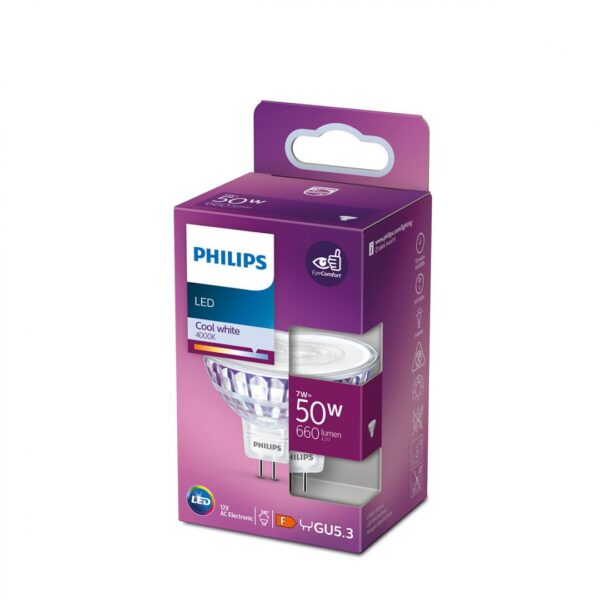 Bec LED Philips, EyeComfort, GU5.3, 7W (50W), 660 lm, lumina