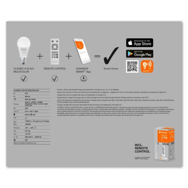 Pachet 4 Becuri LED RGB inteligente Ledvance SMART+ WiFi Classic - Image 4
