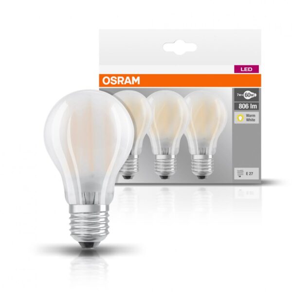 3 Becuri LED Osram Base Classic A, E27, 7W (60W),