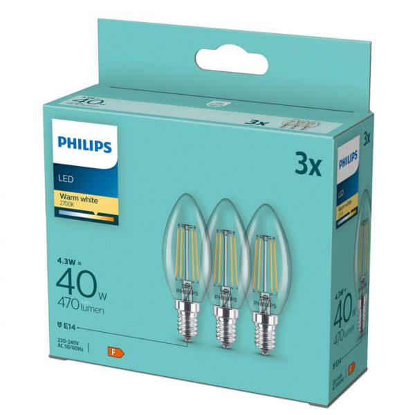 3 Becuri LED Philips Classic B35, E14, 4.3W (40W), 470 - Image 3