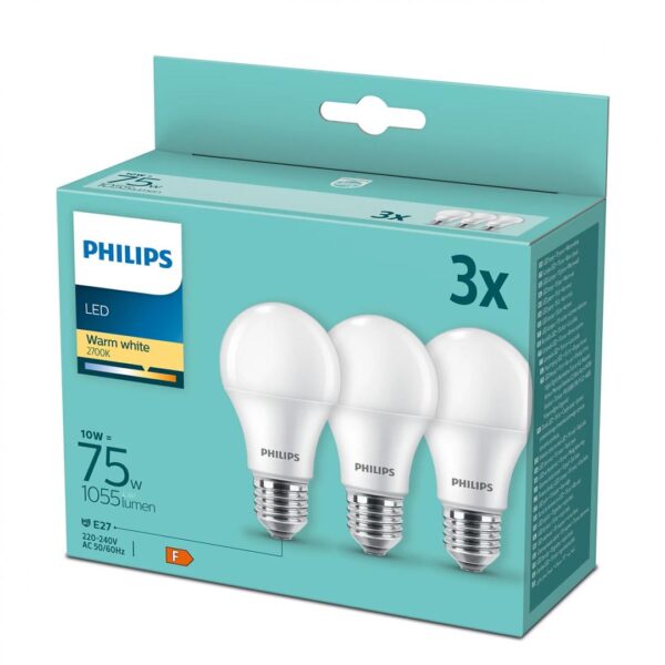 3 Becuri LED Philips A60, E27, 10W (75W), 1055 lm,