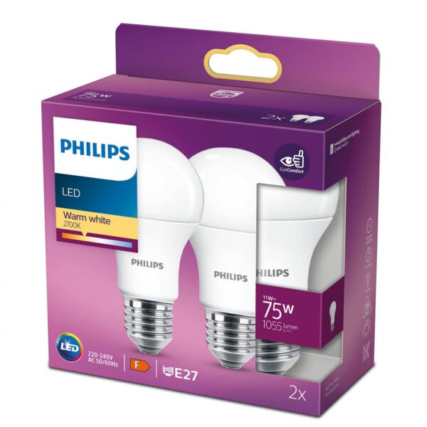2 Becuri LED Philips A60, EyeComfort, E27, 11W (75W), 1055