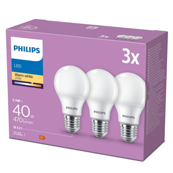 3 Becuri LED Philips A60, E27, 5.5W (40W), 470 lm, - Image 3