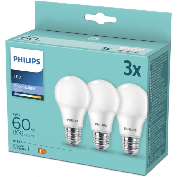 3 Becuri LED Philips A60, E27, 8W (60W), 806 lm,