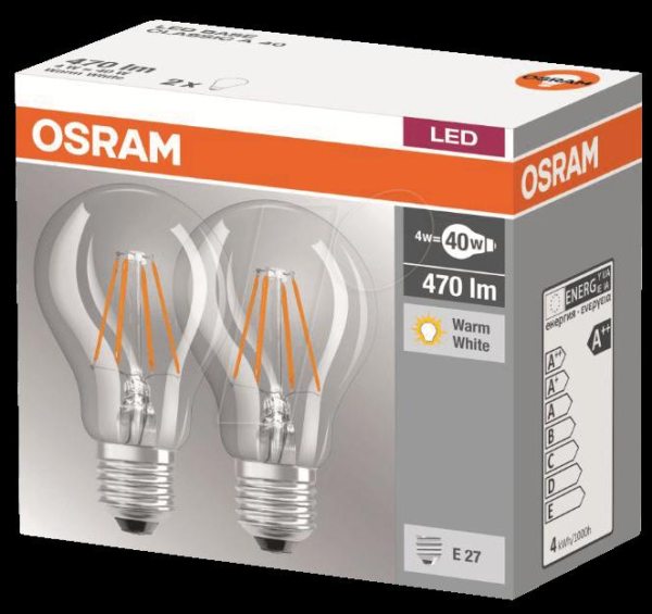 2 Becuri LED Osram Base Classic A, E27, 4W (40W),